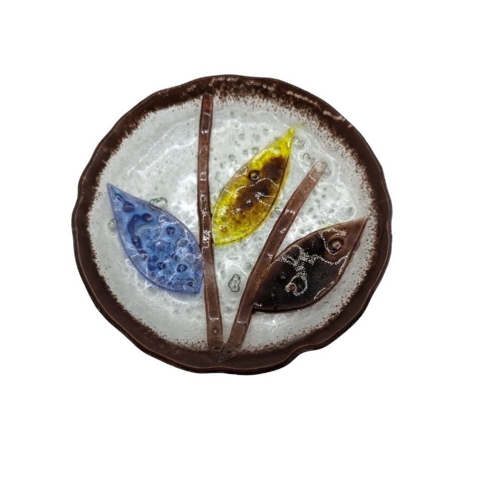 MCM Fused Glass Dish with 3 Bold leaves and Vines Blue Brown Yellow on Clear
